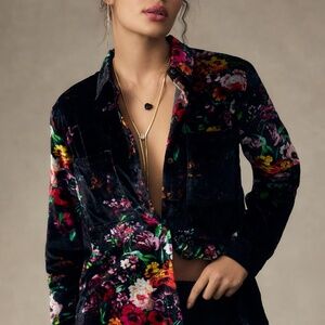 NWT Anthropologie The Pilcro Relaxed Velvet Button Down Shirt Black Motif Large